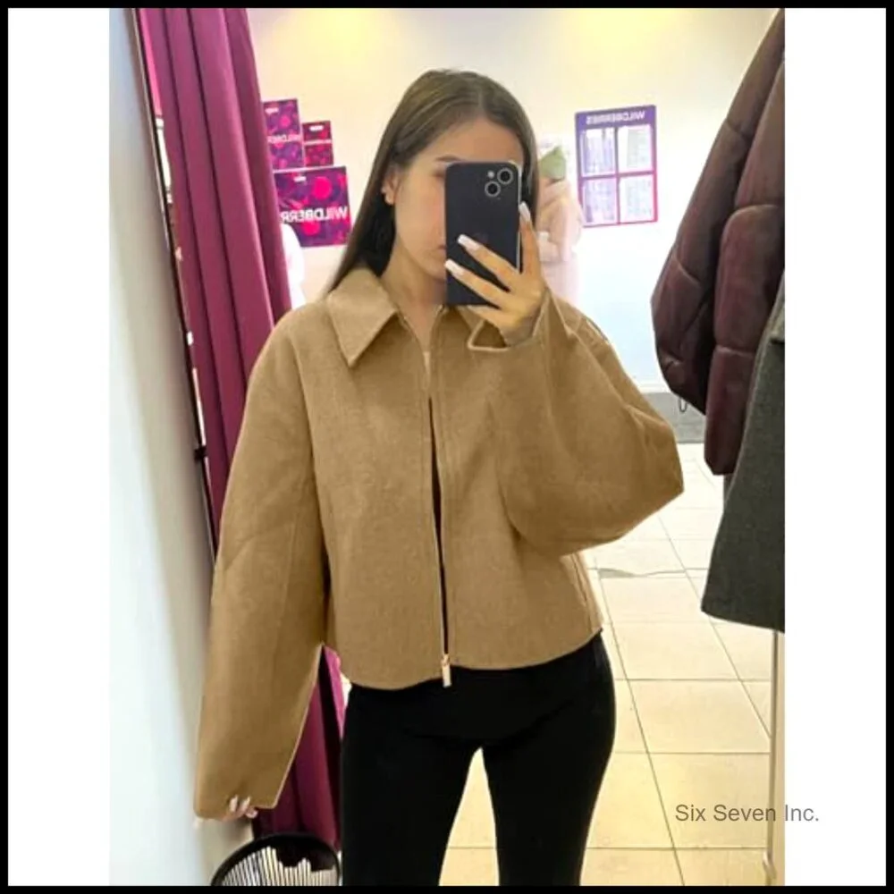 Cropped Wool Blend Pea Coat with Zipper Closure, Long Sleeve - Picture 3 of 7